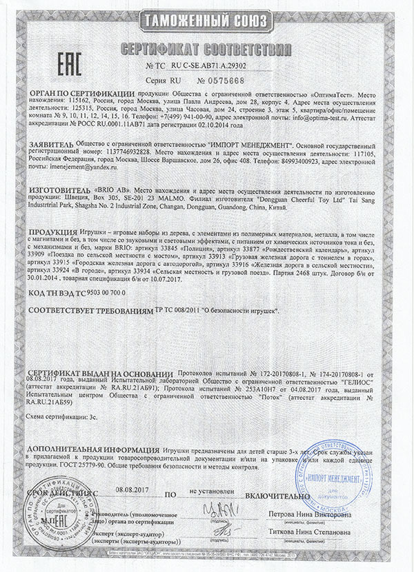 Сертификаты БРИО ser-15 